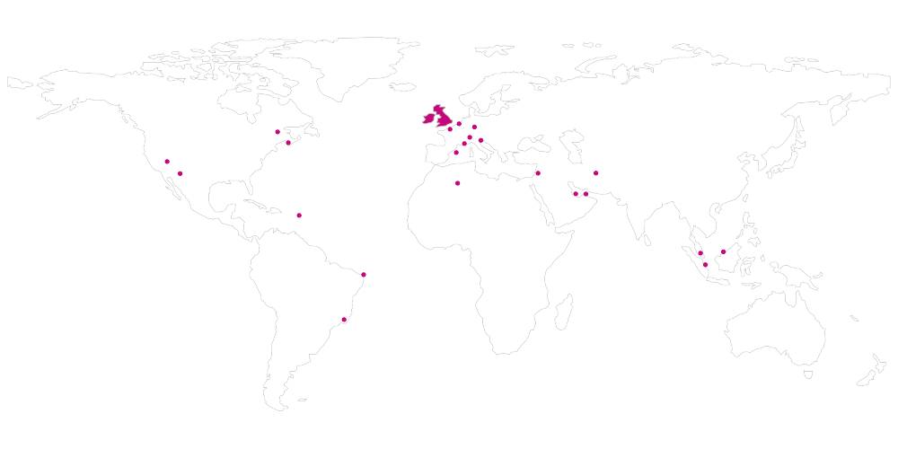 A map of the world with locations of work completed
